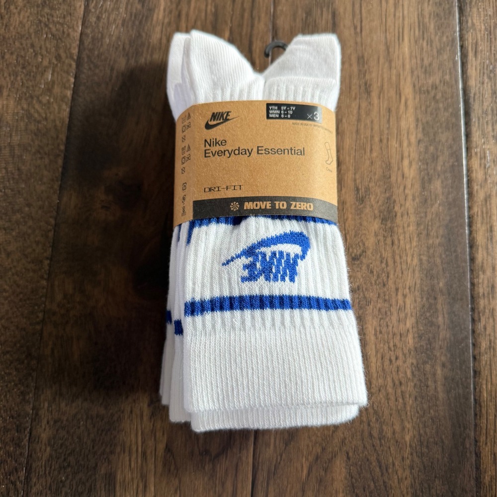 Nike Everyday Essential Crew Socks 3 Pair White Blue Youth 5Y-7Y DX5089-105 NEW